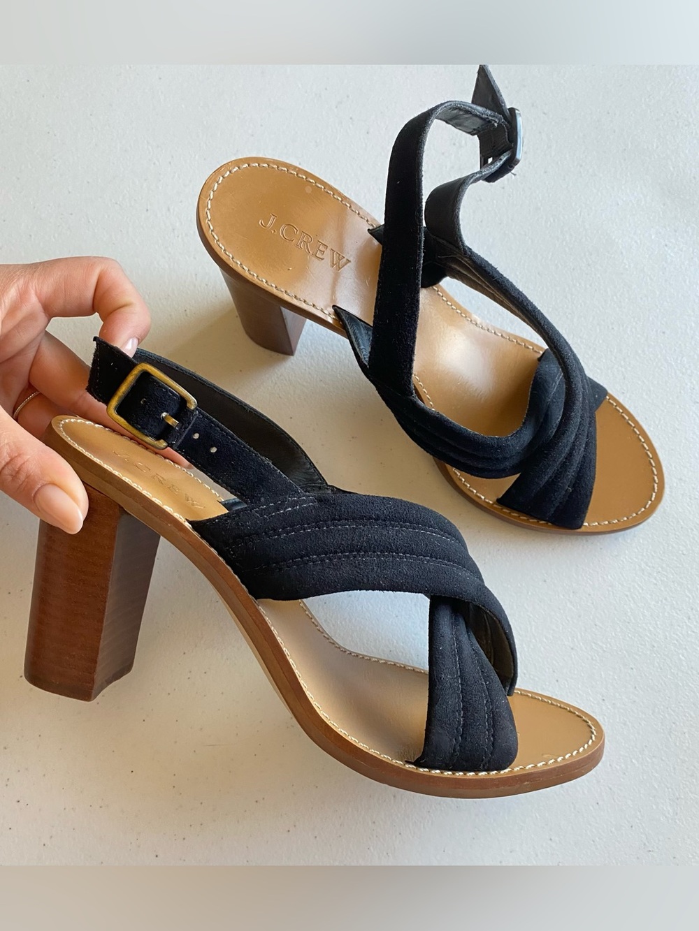 J. Crew Size 8.5 Black Faux Suede Slingback Stacked Block Heel Sandal